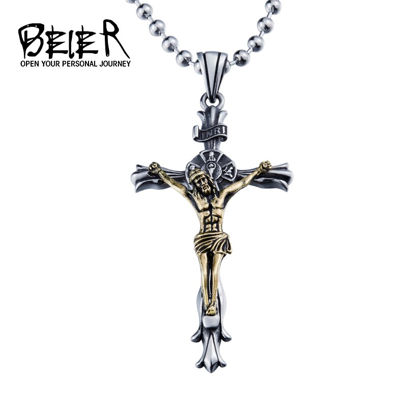 BEIER white/gold Catholic Religious Jesus Piece Cross Pendant Necklace For Men Vintage Chain Christian Jewelry BP8-188