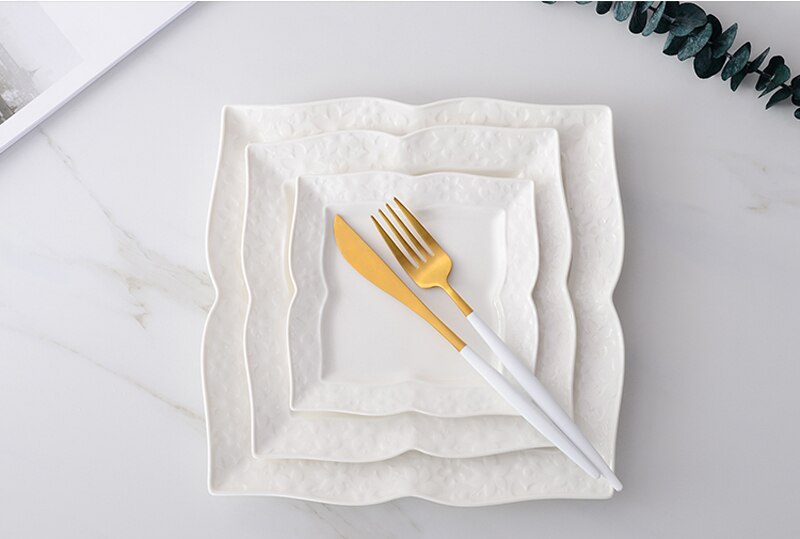 3pcs set, 6+8+10inch, plain white embossed porcelain kitchen plates sets, ceramic square servies borden, wedding buffet dishes: Default Title