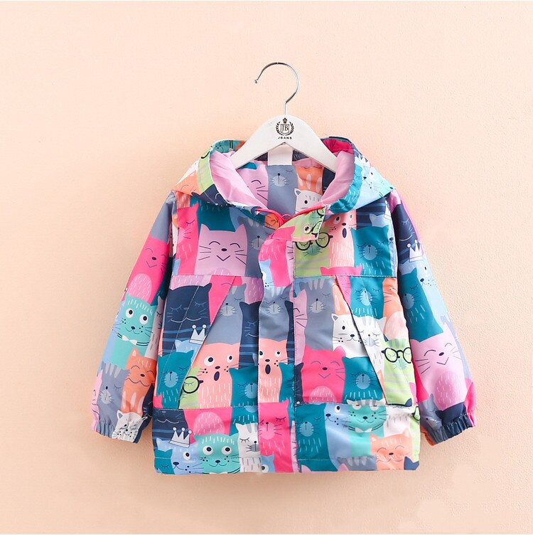 Spring Autumn Girls Windbreaker Coat Jackets Baby Kids Cartoon Printing Hooded Outwear For Baby Kids Coats Jacket Clothing: Blue / 6