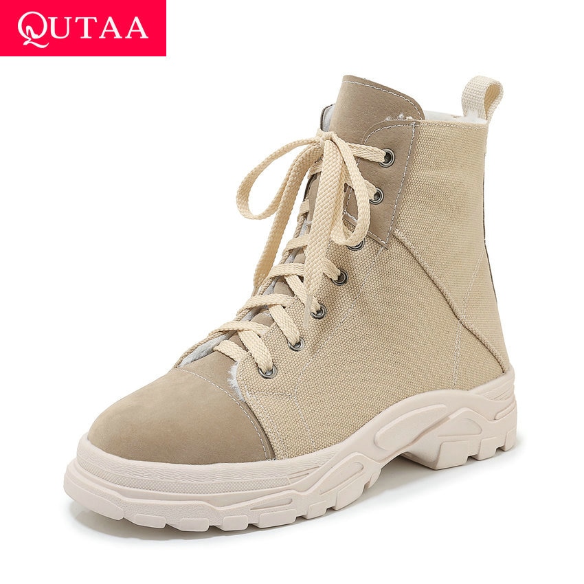 Qutaa scrubdoek casual damesschoenen herfst winter platform veterschoenen ronde neus wighak damesschoenen maat 34-43