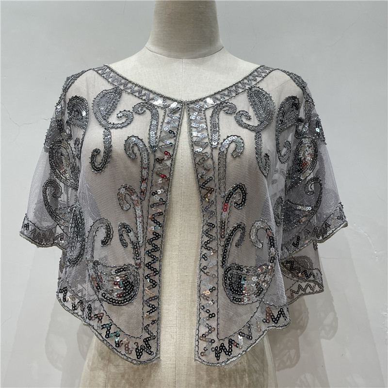 Chal de los años 20 para mujer, capa de noche decorativa con lentejuelas y cuentas, Bolero, Flapper, vestido de novia europeo y americano, chal en el escenario: Gris