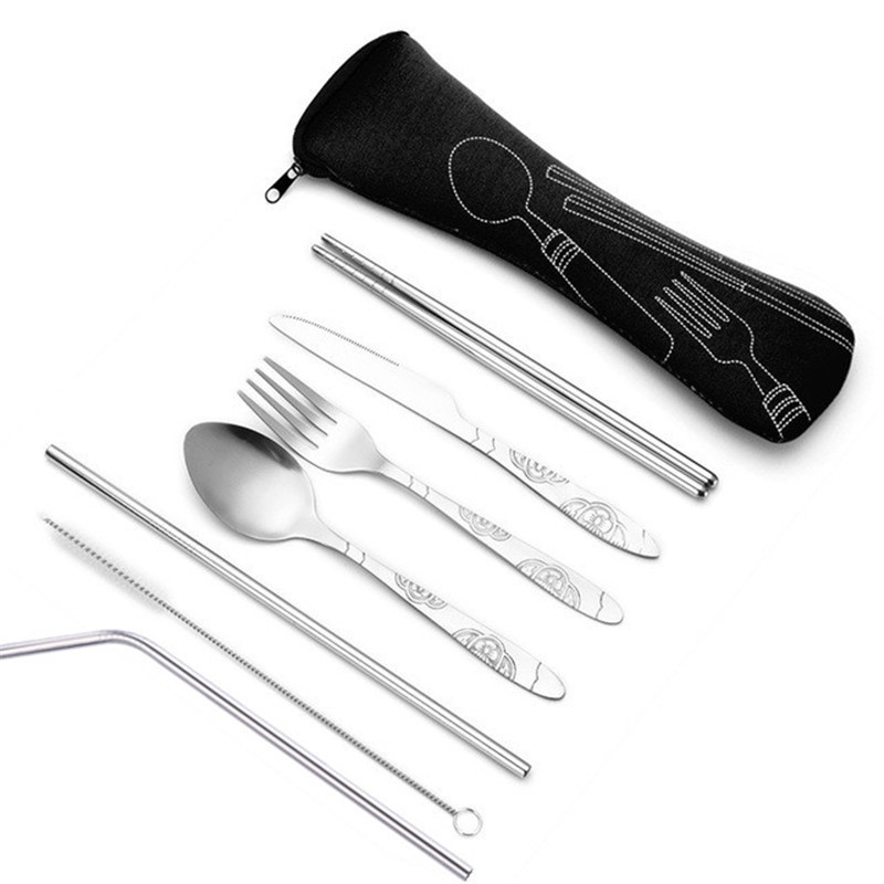 7pcs/ Set Stainless Steel Tableware Set Outdoor Portable Cloth Bag Knife Fork Spoon Chopsticks Straw Rich Flowers Seven Sets