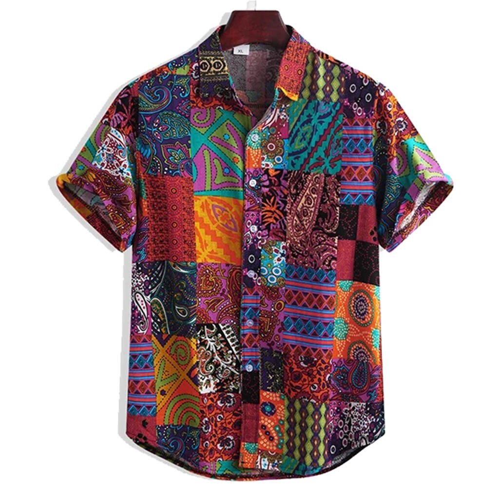 Men&#39;s Colorful Short Sleeve Loose Buttons Hawaiian Casual Shirt Beach Blouse Plus Size Printed Shirts Summer Chemise Homme