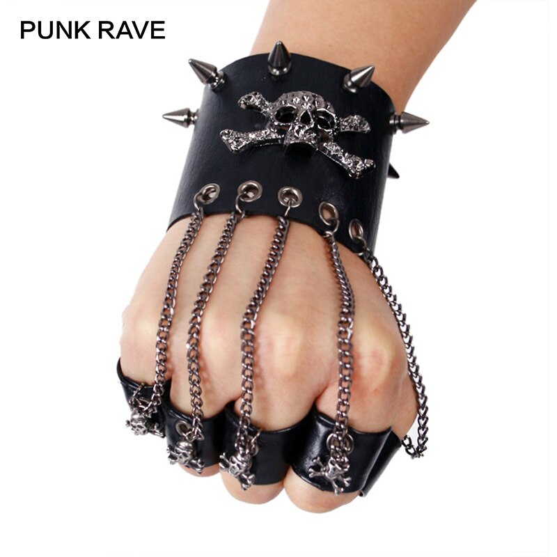 Punk rave rock stil mand kranium spike handske gotiske mænd armbånd handske steampunk pu læder kranium manchet-en handske: Default Title