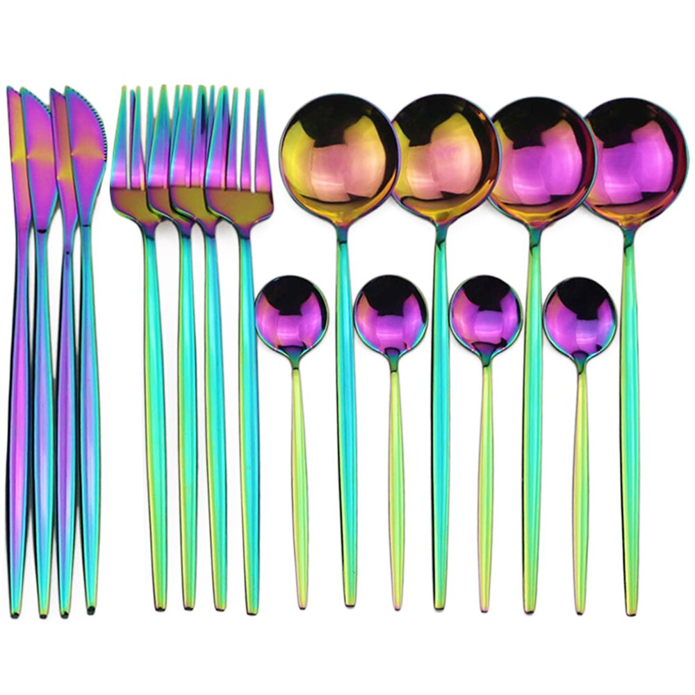 16pcs Luxury Cutlery Set Rainbow Dinnerware Set Stainless Steel Tableware Fork Knife Spoon Dinner Set Silverware With Box: Black Box / 16Pcs Rainbow