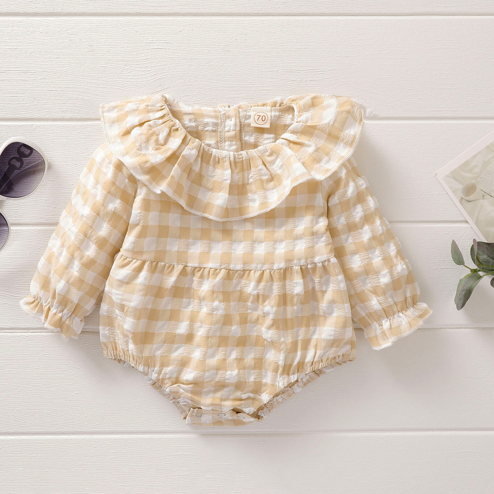 Toddler Girls Round Collar Romper Suit, Baby Long Sleeve One Piece Bodysuit, Summer Plaid Printing Jumpsuits: 1 / 9M