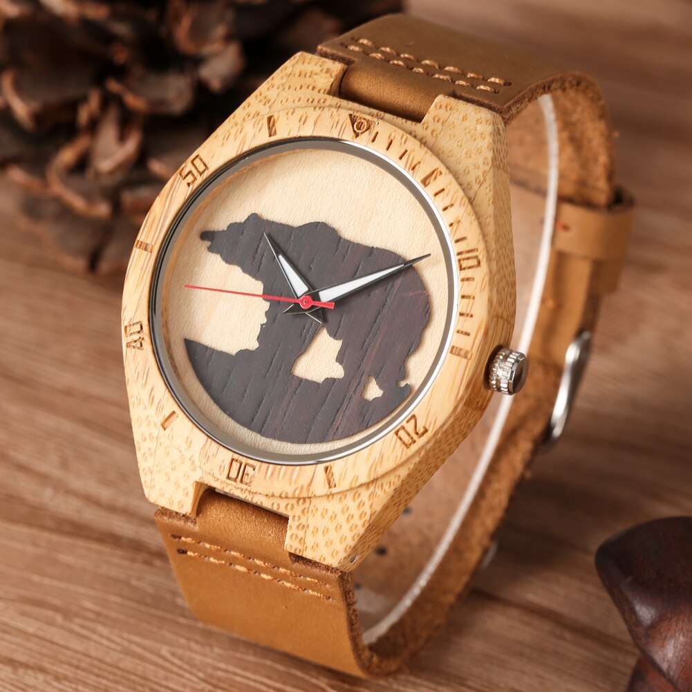 Montre classique en bois de Quartz pratique ours polaire lumineux Silhouette Unique en trois dimensions montre en bois hommes horloge