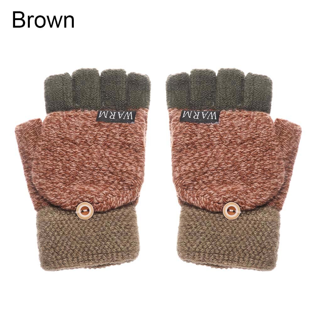 Winter Warm Knitted Gloves Women Men Fingerless Exposed Finger Half Capped 2 in 1Thick Gloves Soft Elastic Gloves: 2-brown
