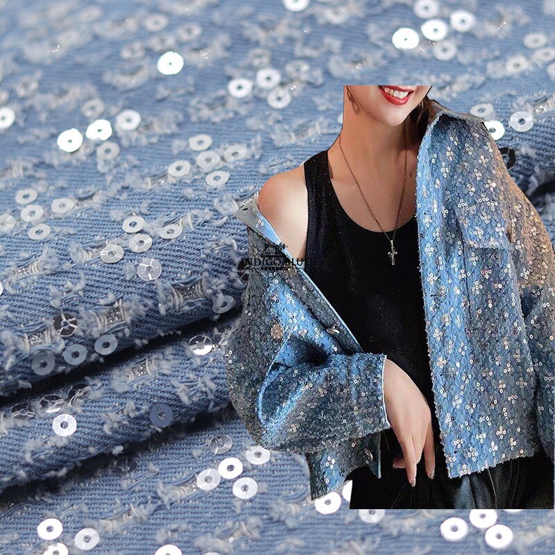 High-end embroidered denim dress sequin fabric
