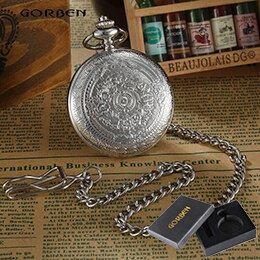 Retro Gobren Romeinse Cijfers Verzilverd Carving Zakhorloge Mode Klassieke Heren Analoge Quartz Horloge Fob Ketting Met Doos: Silver with box