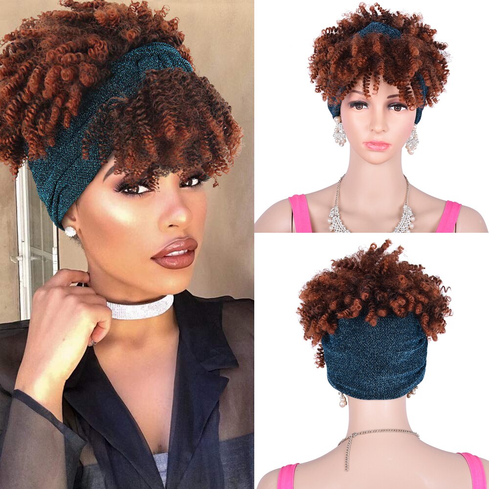 Short High Puff Afro Kinky Curly Drawstring Ponytail With Bang Headwrap Turban Wig for Black Women African Updo: tja1-1bt30