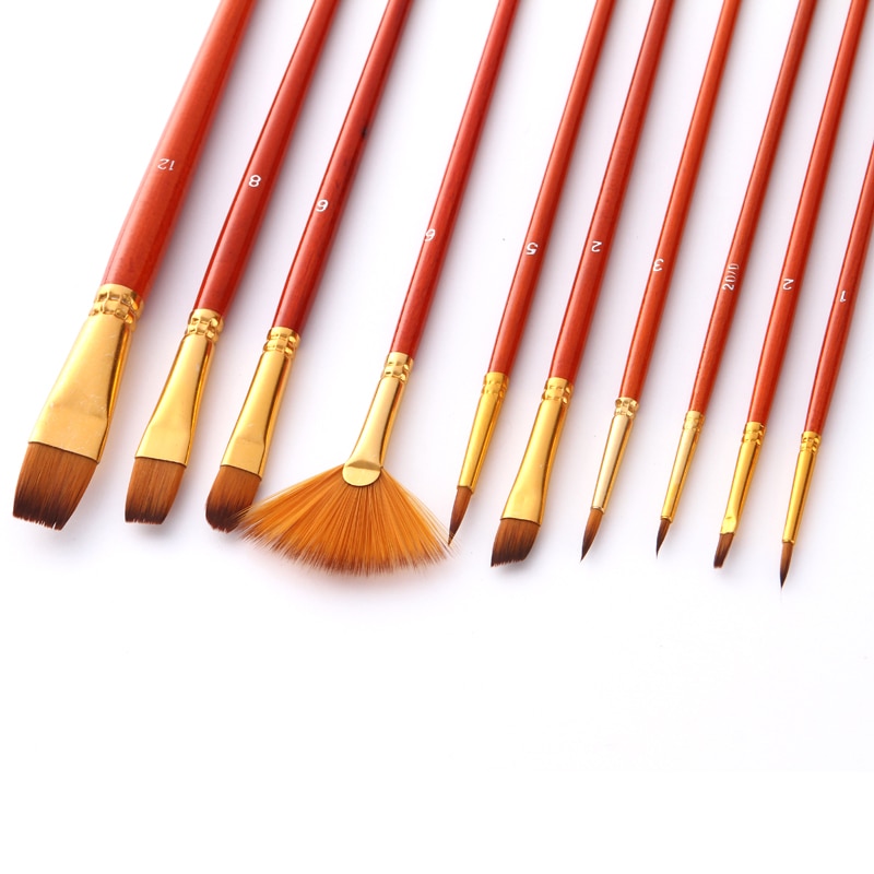 Juego de pinceles de nailon para pintura, suministros de arte , varilla corta, aceite, acrílico, pluma de acuarela, 10 unids/lote