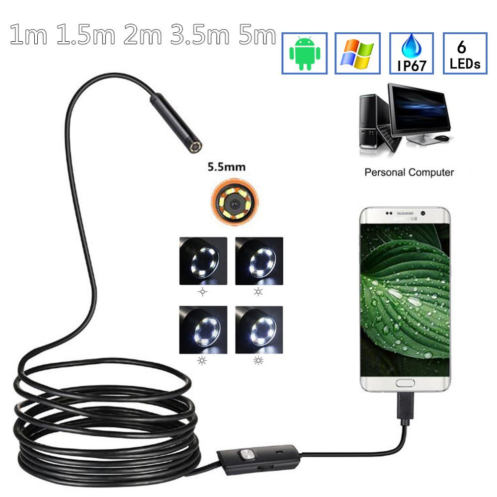 HD 5.5mm/7mm Endoscope Camera USB Endoscope With 6 LED 1/1.5/2/3.5/5M Soft Cable Waterproof Inspection Borescope for Android PC