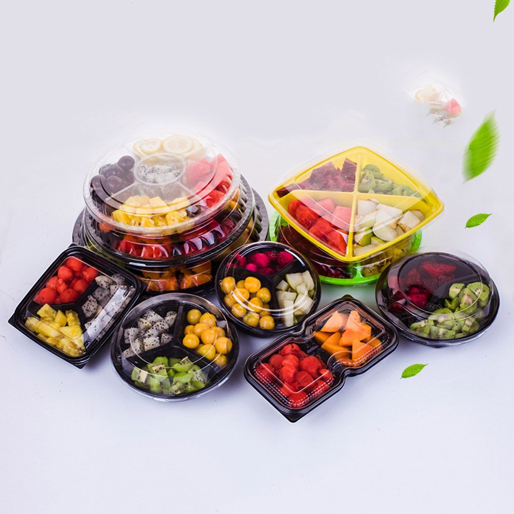 10PCS Disposable 5 Compartment Food Storage Containers Round Plastic Salad Fruits Box with Lids