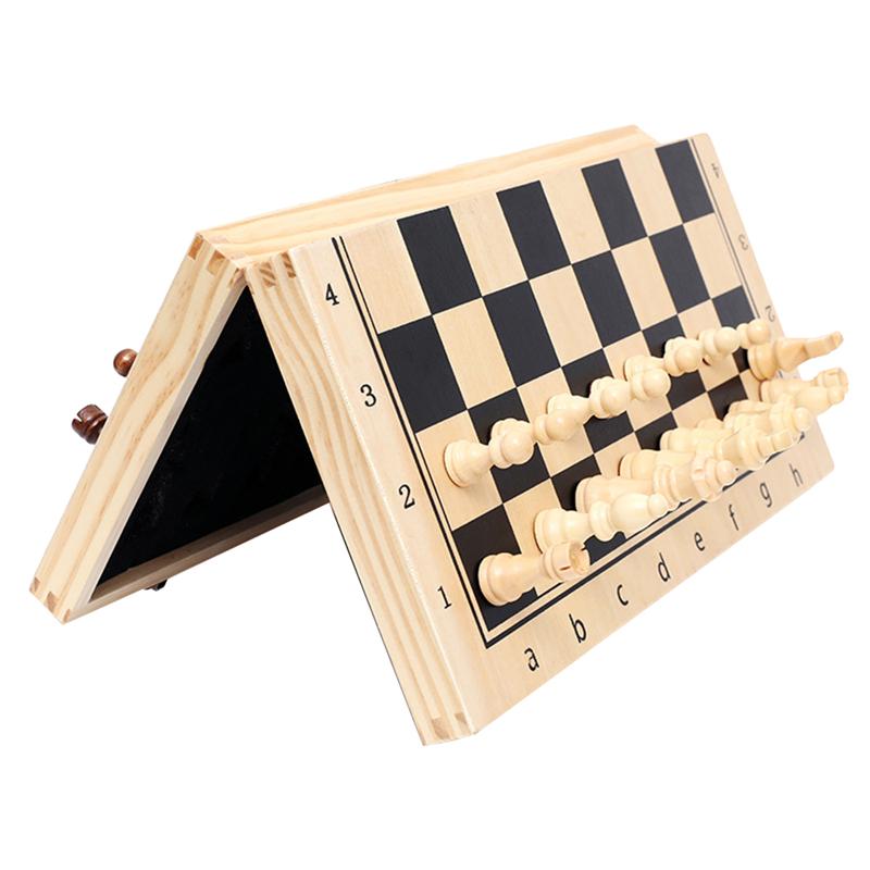 1 Set Foldable Chess Checkers Set Wooden Case Travel Chess Board Portable Classic Educational Toys for Home Kids Adults