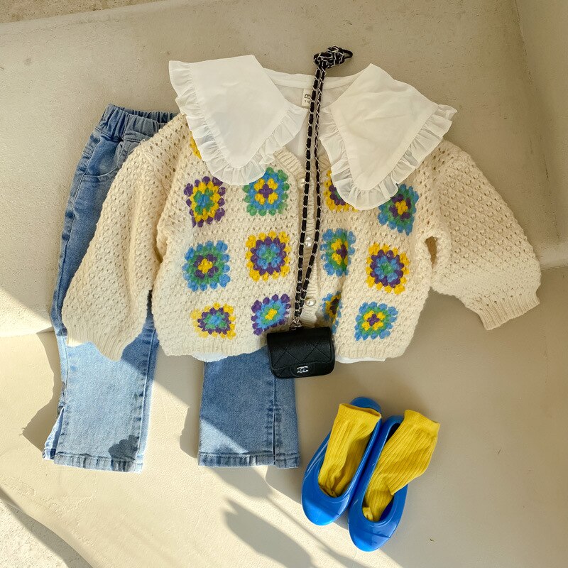 Lente Meisjes Mode Bloemen Hollow Vesten Ontwerpen Gebreide Lange Mouwen Truien