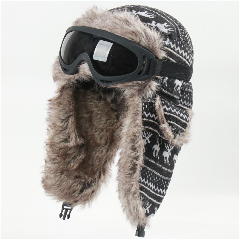 Gorra de esquí a prueba de viento para hombre y mujer, casco de vuelo con orejeras gruesas, ciervo de Navidad, más gorro cálido de terciopelo con gafas, Invierno: black(Goggles)