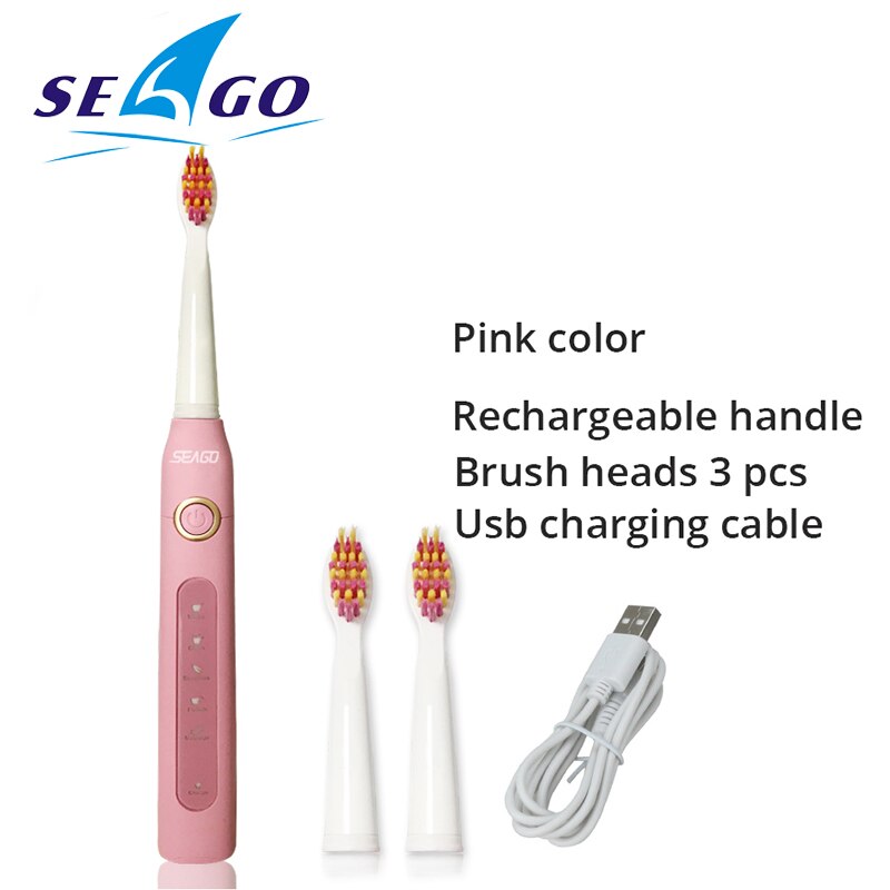 Seago Sonic Toothbrush Electric USB Rechargeable Waterproof Replacement Brush Head Best: Pink