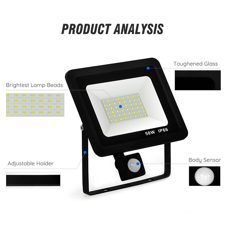 Motion Sensor LED Flood light 10w 20w 30w 50w Waterproof IP66 Outdoor Wall Lamp 220V Outdoor Led FloodLight Spotlight