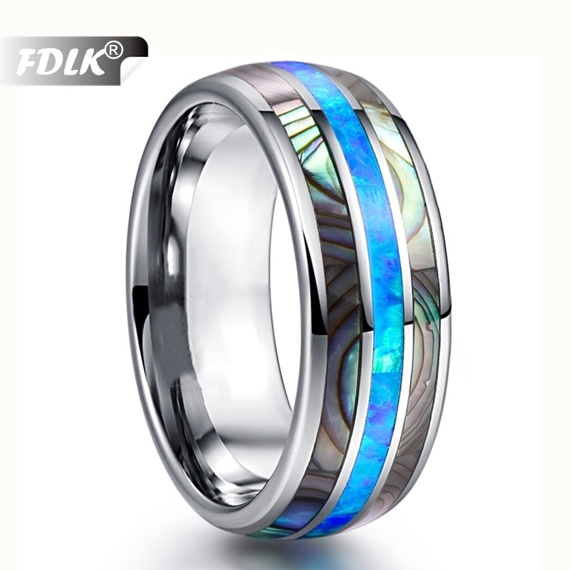 FDLK 8mm Wide Inlaid Shells Blue Opal Stainless Steel Men Rings Never Fade Engagement Ring Men's Jewelry