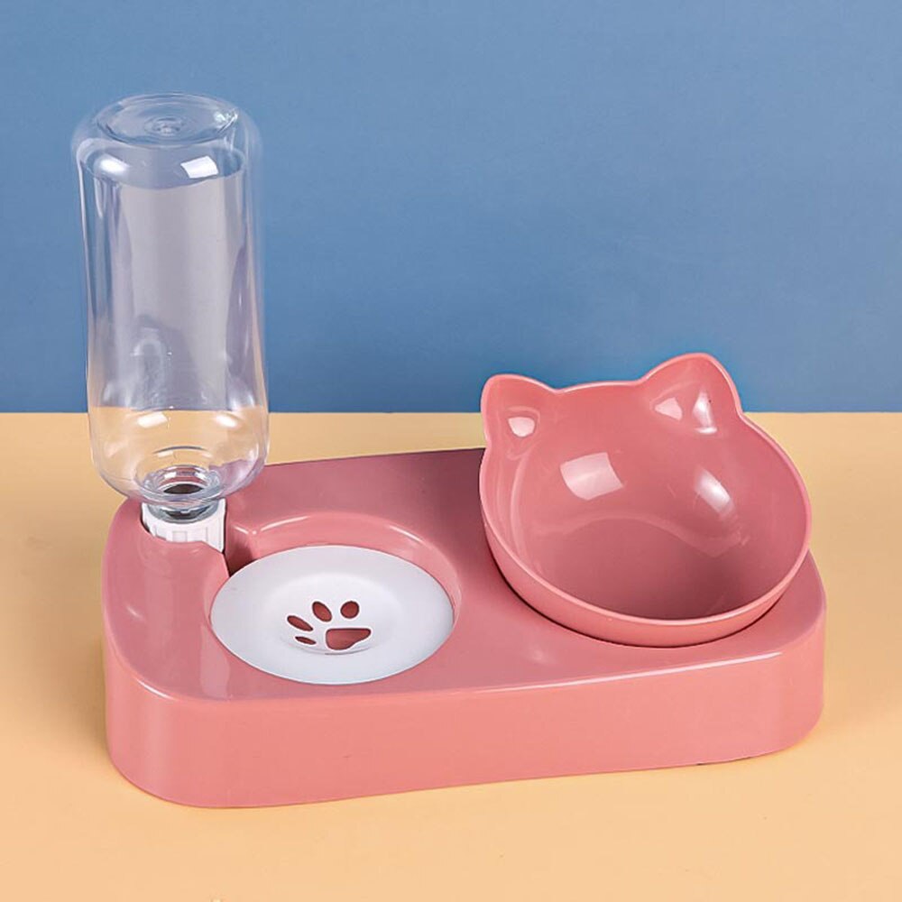 Double Cat Bowls with Stand Automatic Water Storage Dispenser Pet Dog Food Bowl 2-in-1 Splash-proof Water Container Bowl Feeder: Pink