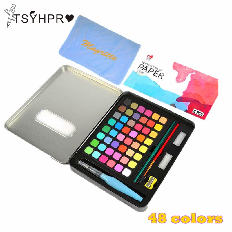Juego de pintura de acuarela sólida , 48 colores, 63 Uds., juego de arte con pincel de pintura, suministros de arte del pigmento