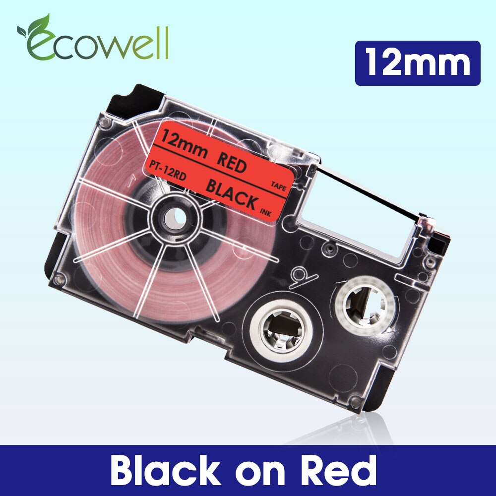 Ecowell XR-12WE XR-12RD XR-12BU XR-12YW XR-12GN Multicolor Casio label tape compatible for KL-60 KL-60SR KL-750 EZ Label Maker: Black on Red