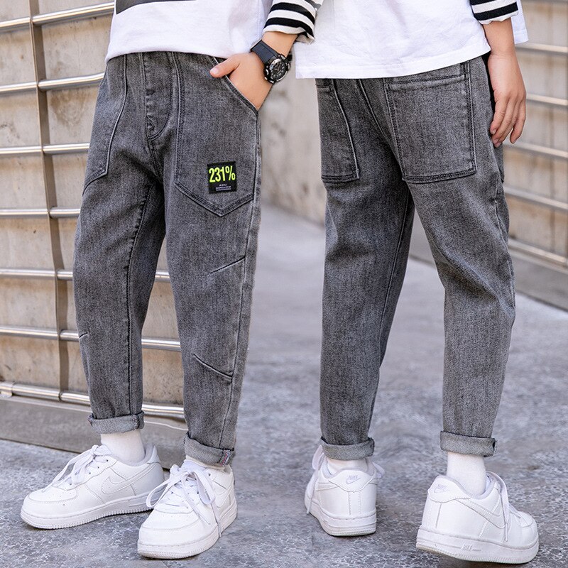 Primavera nueva gris-negro 4-16 años adolescentes Jeans Slim Big Pocket Pants niños Jeans Casual pantalones ropa