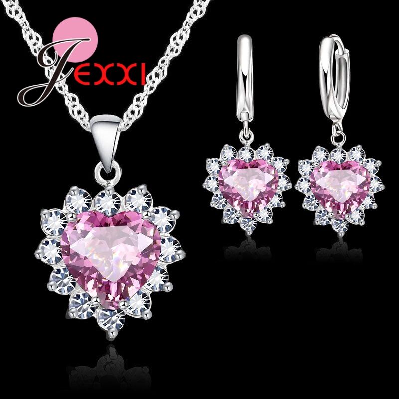 Romantisk ægte 925 sterlingsølv sød hjerte lyserøde blændende krystaller delikat tilbehør til kvinder piger smykker sæt