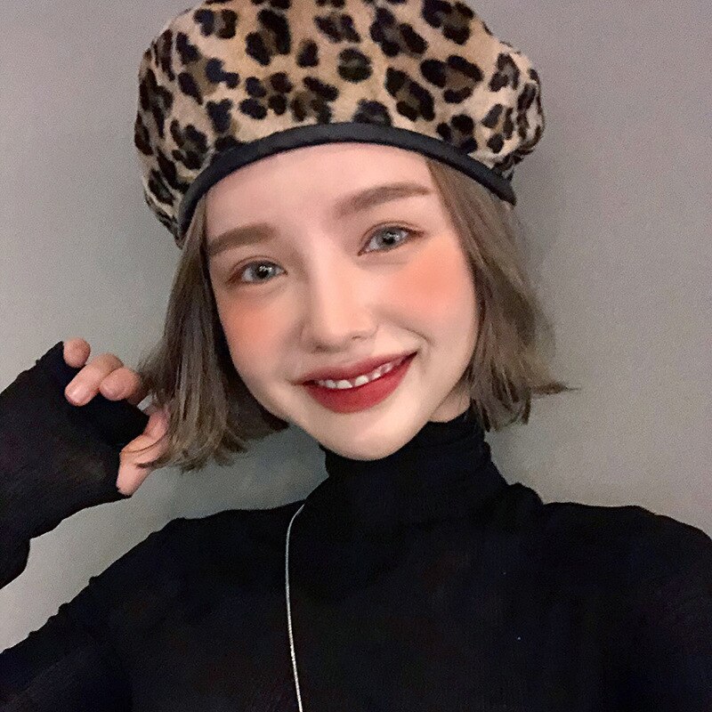 Béret imprimé léopard pour femmes, chapeaux de peintre Vintage coréen, tendance automne hiver