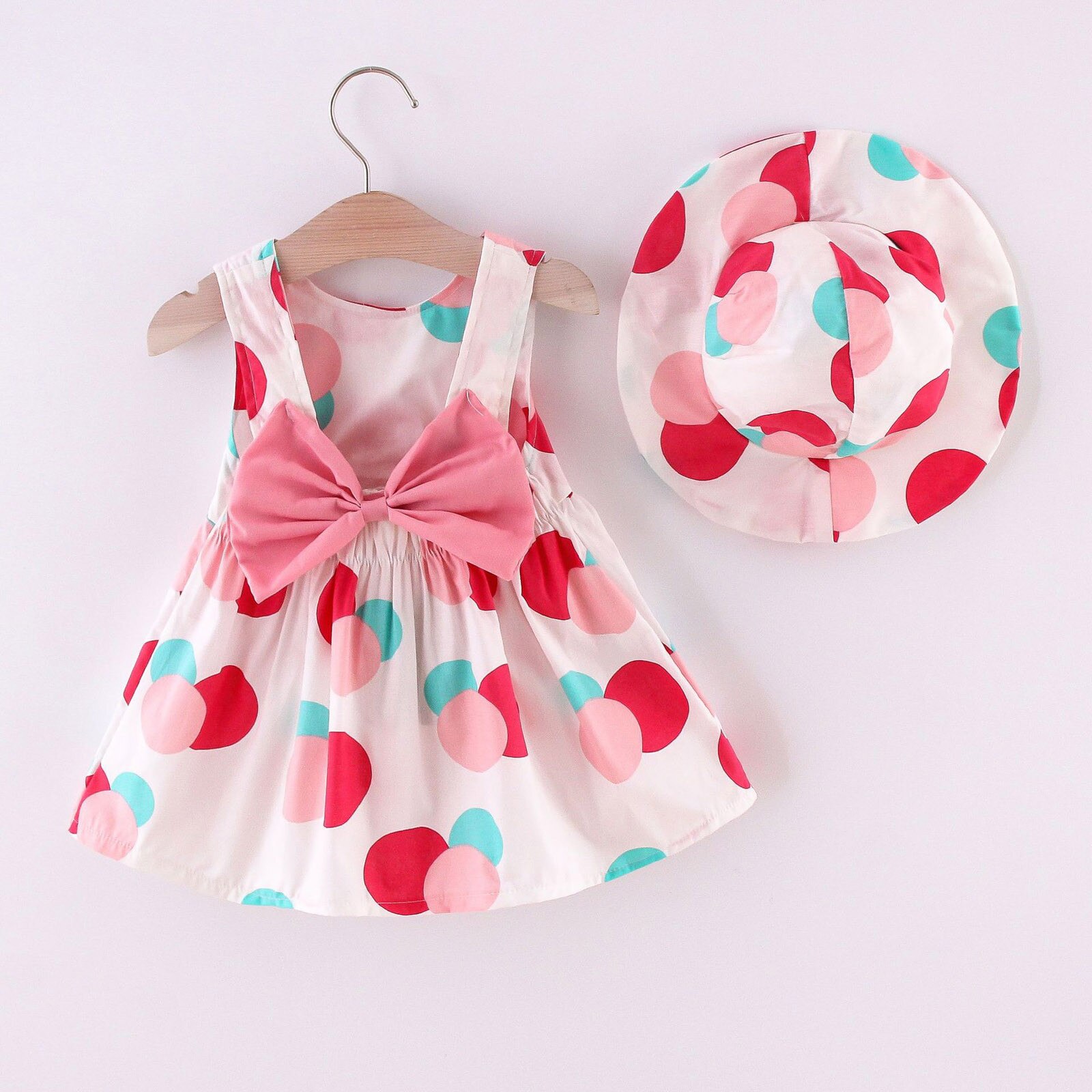 Peuter Meisjes Strik Jurk + Strooien Hoed Jurk Zomer Polka Dot Print Baby Kids Mouwloze Meisje Verjaardag Partyprincess Jurk Hoed: Pink / 2T