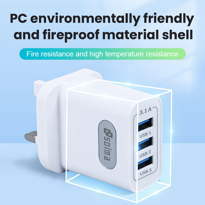 SOLMA UK standaard oplaadkop 3-poorten 3.1A USB-oplader voor iPhone Xiaomi met display mobiele stekker universele snellader