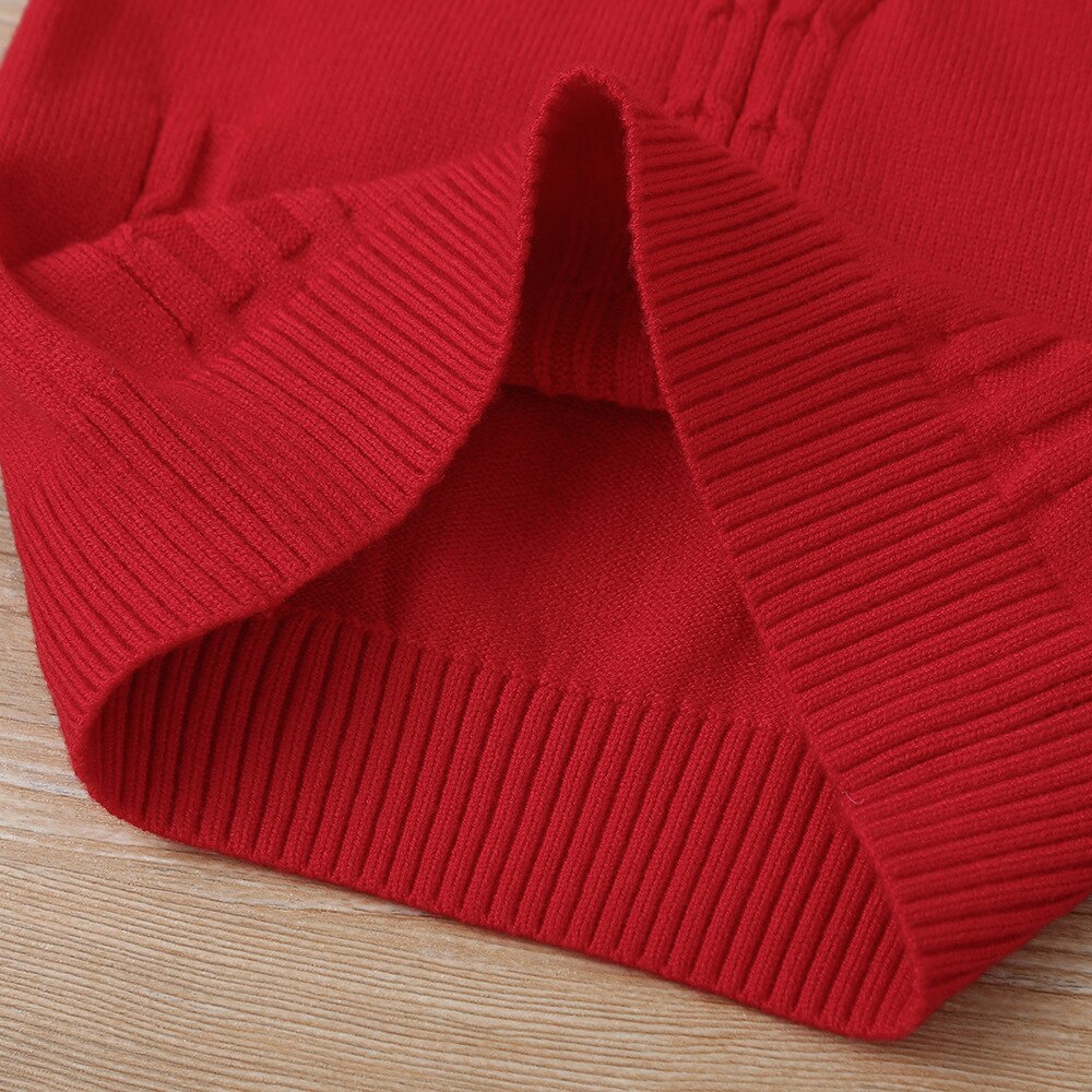 Winter freundlicher lässig Baumwolle Gestrickt Lange Ärmel O Hals Drehen-unten Kragen rot Feste Beiläufige Baby Mädchen T-Shirt 0-2T