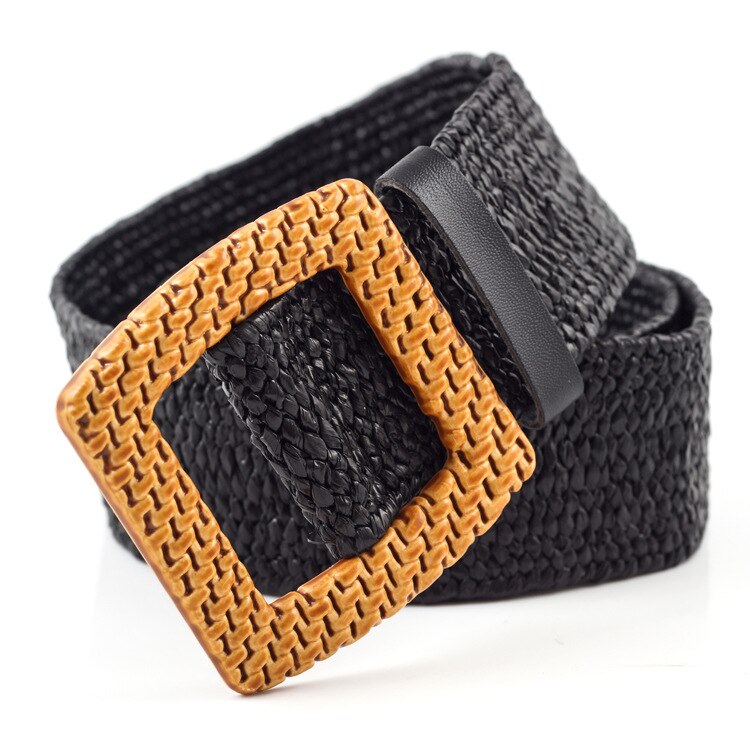 Female Knitted Wax Rope Wide Elastic Belt Women Vintage Square Big Pin Buckle PP Straw Handmade Black Waist Belt BL592