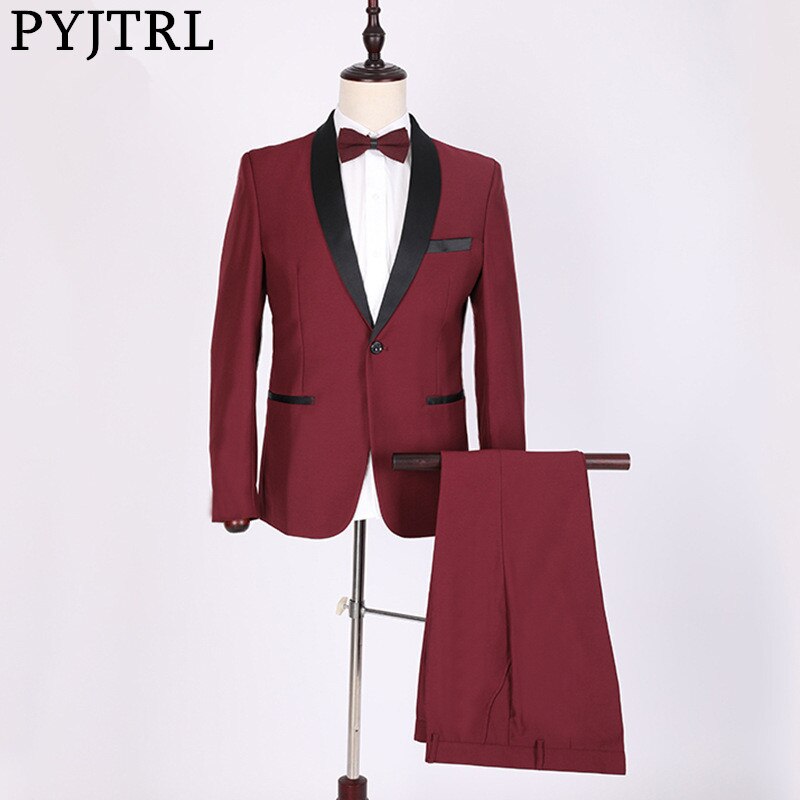 PYJTRL classique châle revers bordeaux deux pièces ensemble costumes de mariage hommes Costume Homme smoking Terno Masculino Slim Fit Body Suit