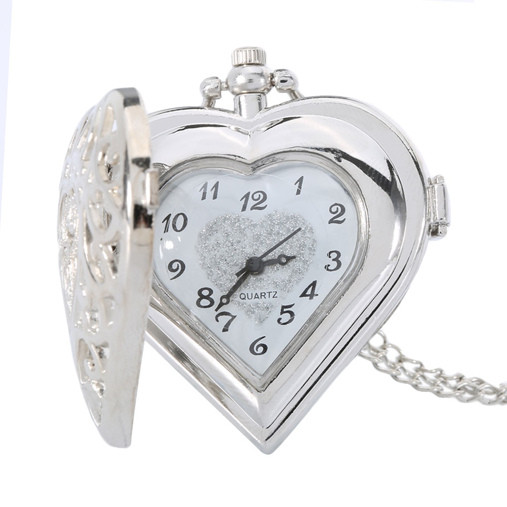 Newly Hollow Quartz Heart Shaped Pocket Watch Necklace Pendant Chain Clock Women