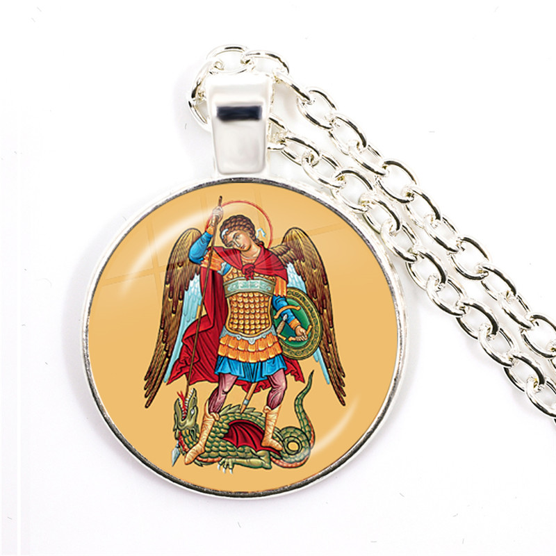 1pcs 25mm Glass Cabochon Necklace Archangel St.Michael Protect Me Saint Shield Protection Charm Russian Orhodox Pendant Jewelry: 16