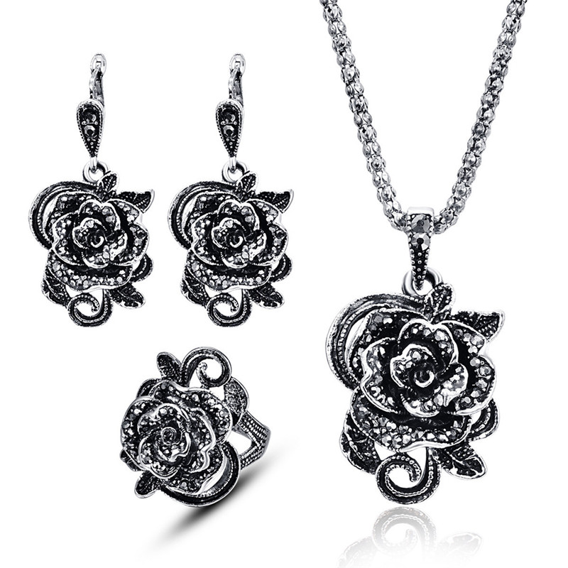 3Pcs Vintage Silver Color Black Crystal Rose Flower Jewelry Sets For Women Wedding Party