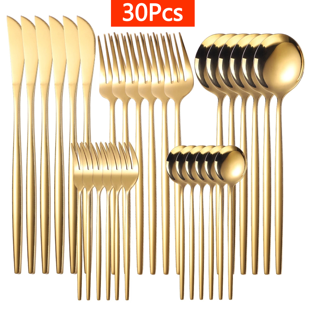 Couverts en acier inoxydable, 30 pièces, service de table en or, vaisselle en acier inoxydable, fourchette en or, cuillère couteau, service d'argenterie de luxe pour Banquet