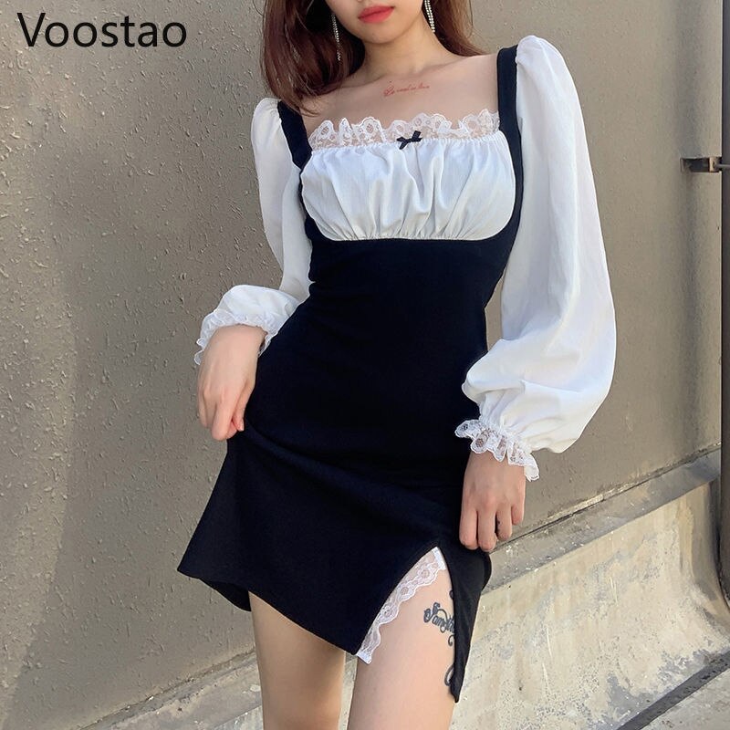 Vestido de encaje de manga larga estilo Retro victoriano para mujer, vestido de con cuello cuadrado, estilo japonés