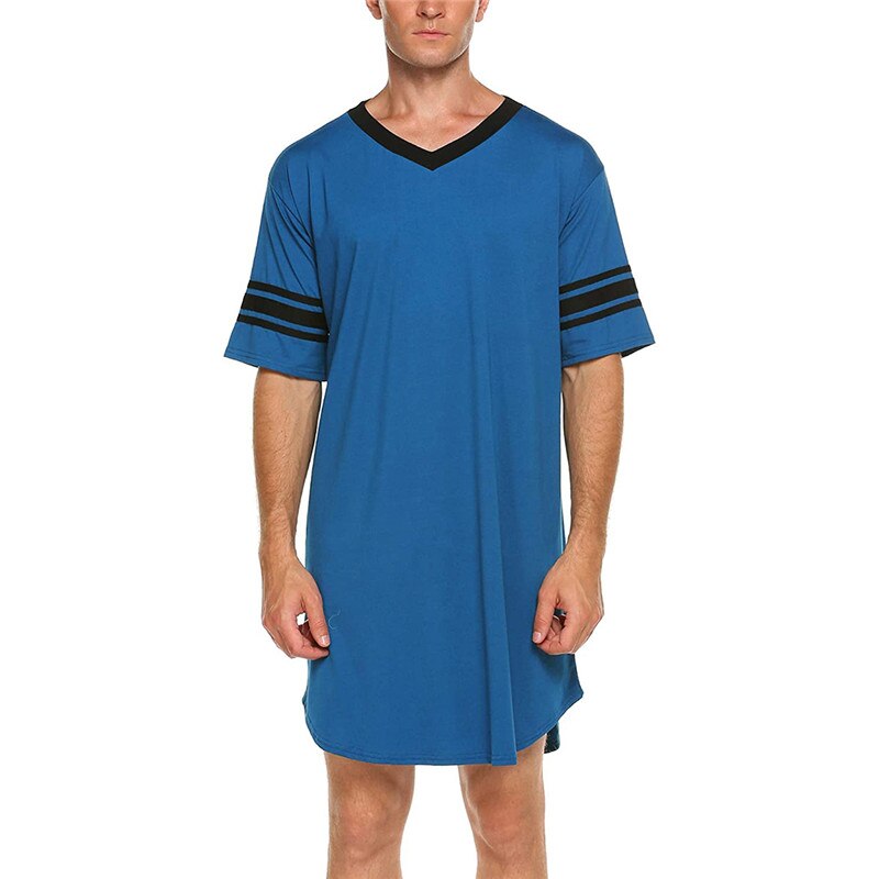 Chemise de nuit en coton doux pour hommes, Robes à manches courtes, col en v, ample, vêtements de nuit décontractés, hauts longs, été: Bleu / L