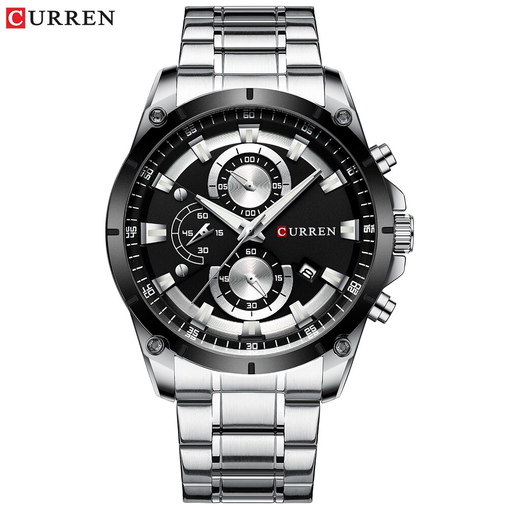 CURREN-Reloj de pulsera de cuarzo para hombre, cronógrafo deportivo de lujo, de , de acero inoxidable: silver watch
