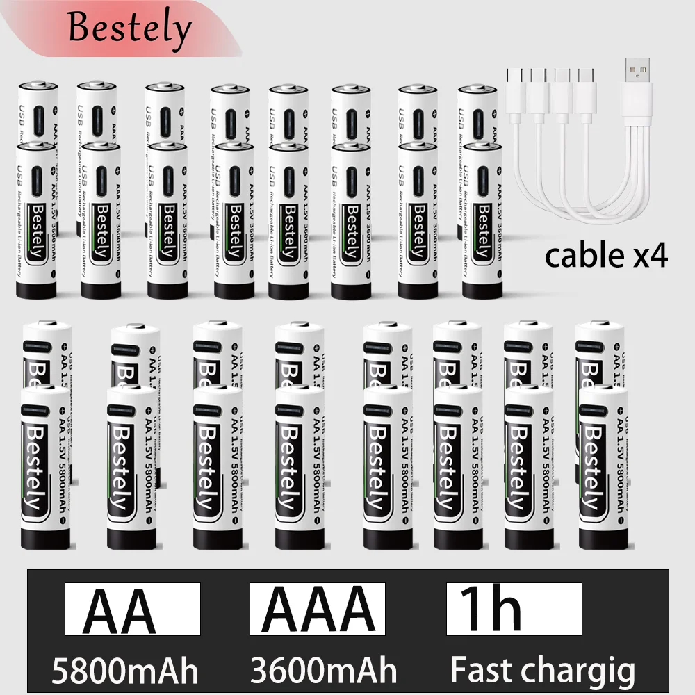 1.5V AA 5800mAh+AAA 3600mAh Lithium rechargeable Battery,USB Fast Charging Li-ion Battery , 2000 Cycles with USB- C Cable