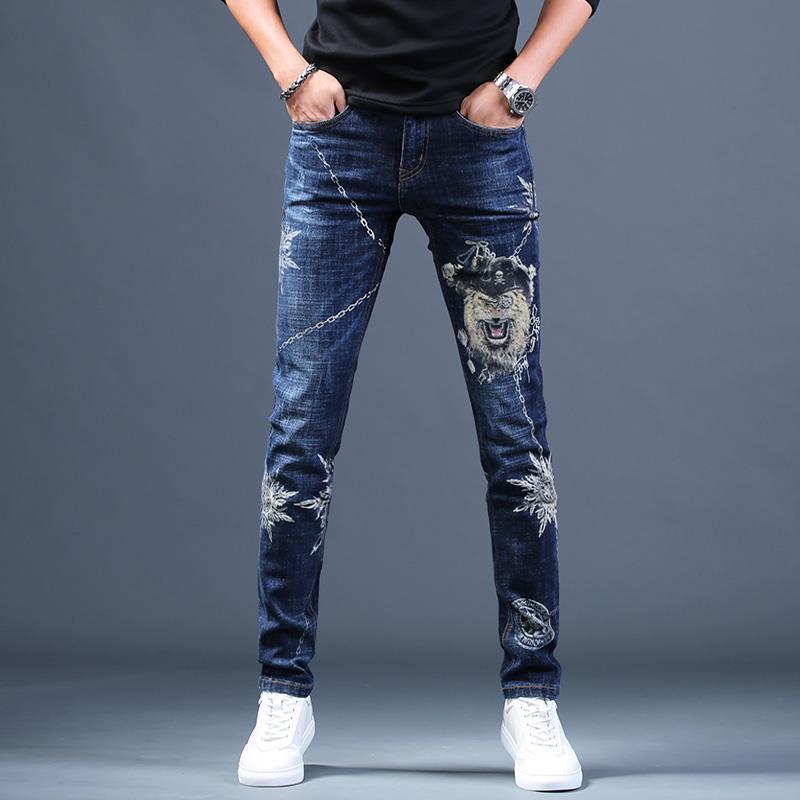 Men's printed ripped jeans stretch casual trousers autumn personality youth popular slim pants