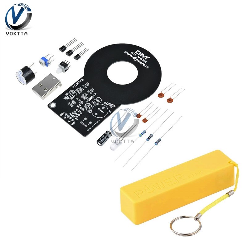 Metaldetektor sæt  dc 3v-5v 60mm detektiv berøringsfri sensor modul med 18650 usb power bank box gør det selv sæt metaldetektor finder: Med gul kasse