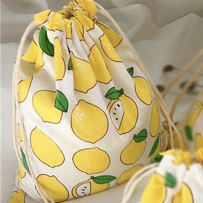 Portable Women Drawstring Bags Handmade Cotton Linen Ladies Storage Package Bag Avocado Small Travel Cloth Pouch: Lemon M