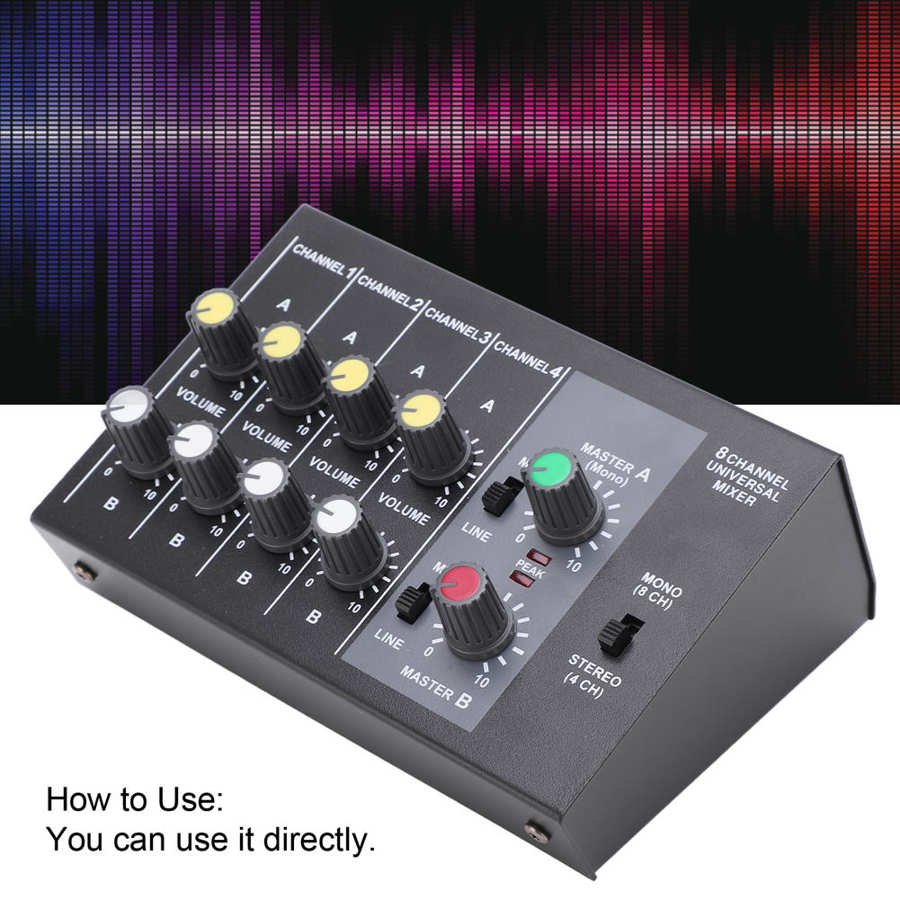 Audio Mixer 8 Channel Input Mono Stereo Sound Mixing Console Low Noise US Plug 110-240V Mono Audio Mixer