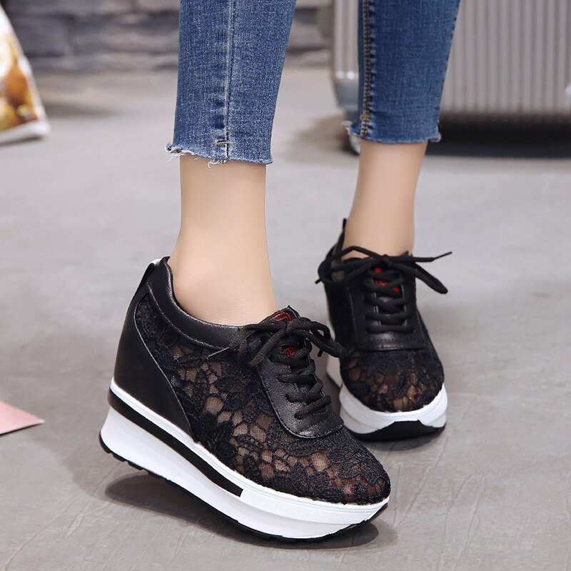 Summer Lace Breathable Sneakers Women Shoes Comfortable Casual Woman Platform Wedge Shoes lace up Muffin bottom shoes