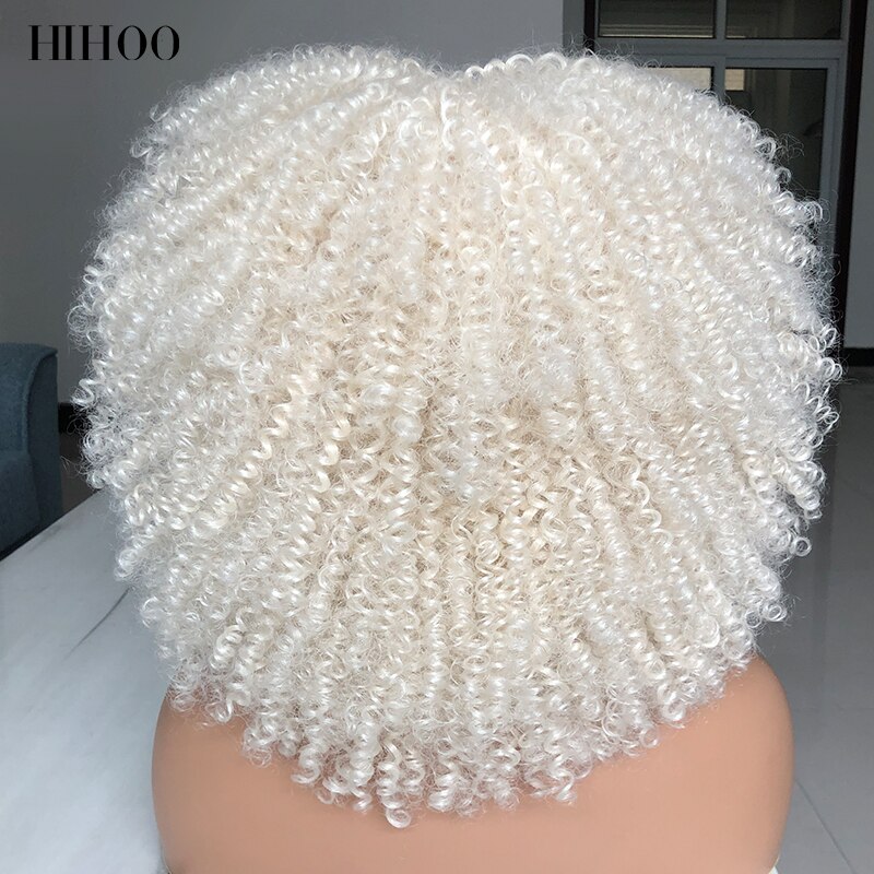 Short Hair Afro Kinky Curly Wigs With Bangs For Black Women Cosplay Lolita Synthetic Natural Blonde White Pink Blue Green Wig: white 60