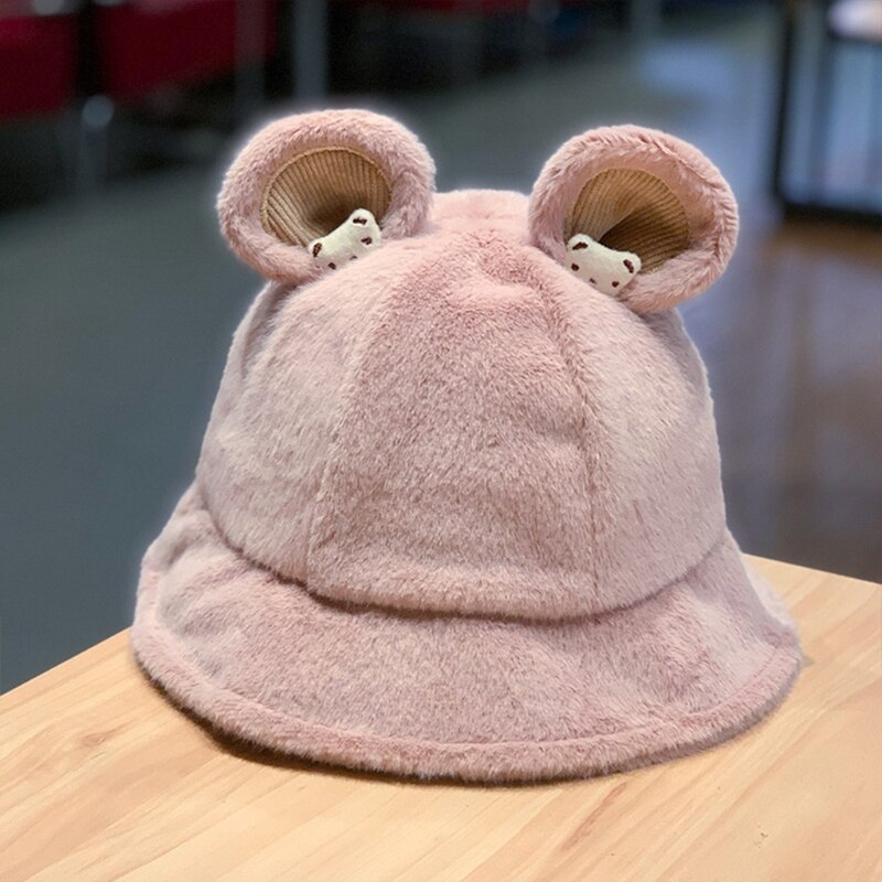 Lovely Fisherman Hat Cute Bear Ear Basin Cap Leisure Soft Sister Solid Color Bucket Cap Outdoor Activities Skiing Hiking